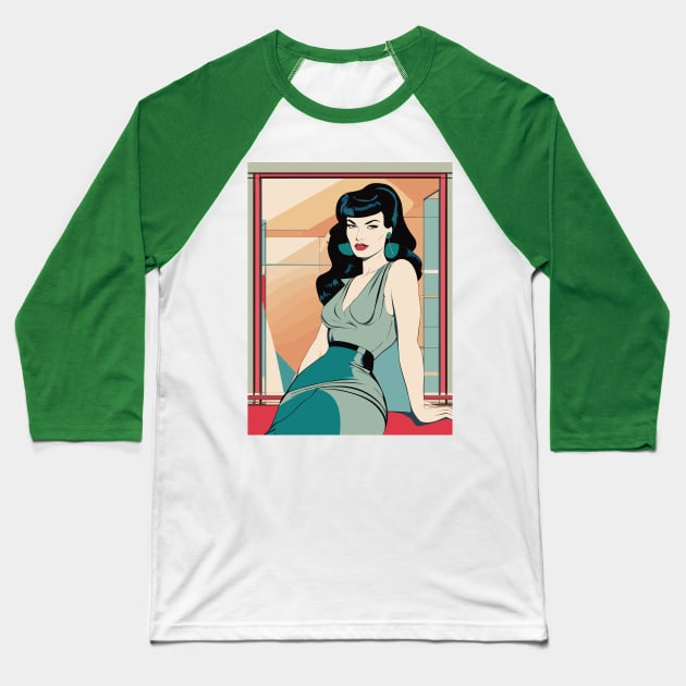 Glamour Seat Bettie Page Retro Art Deco Baseball T-Shirt by di-age7